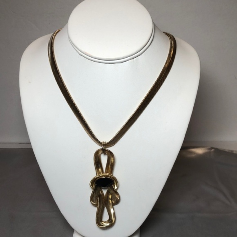NWT Weingeroff Twisted Gold Tone Necklace with Knot and Black Crystal